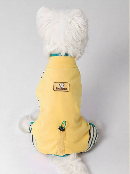 Comfortable pet jumpsuit with blue and white stripes from Pear Daisy, designed for home wear and pet comfort.