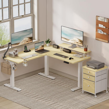 Electric LShaped Standing Work station With Drawers Maple