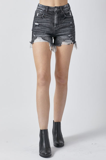 Jade Icarus RISEN high-rise distressed denim shorts for women, showing front view with frayed hem and faded details.