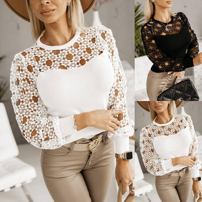 Carmine Juneberry Hollow Out Elegance lace patchwork long sleeve T-shirt, stylish tops and blouses with intricate lace details.