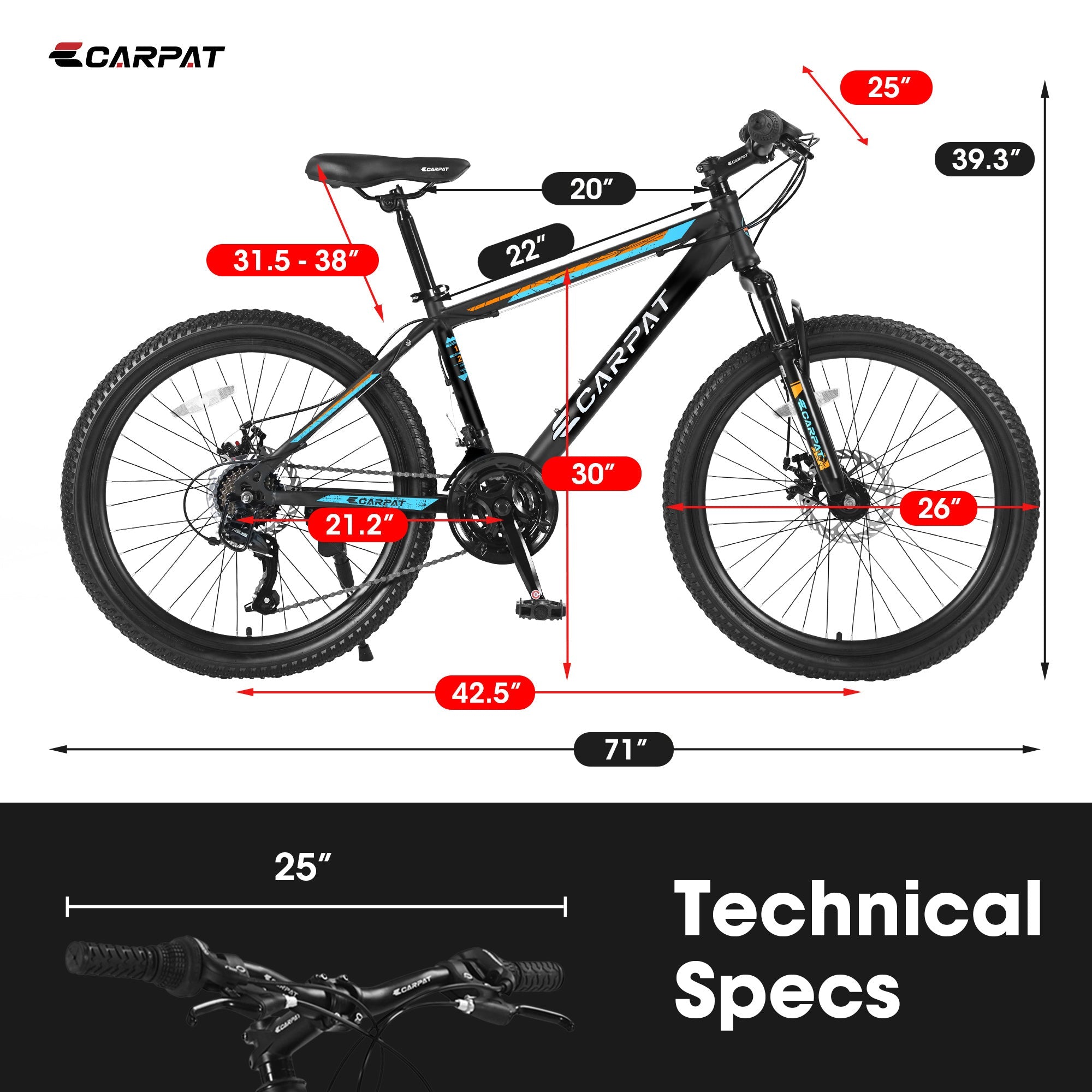 Carmine Juneberry Carpat City-Cruizer 26-inch performance mountain bike in black and blue, showing the bike with mountain terrain background.
