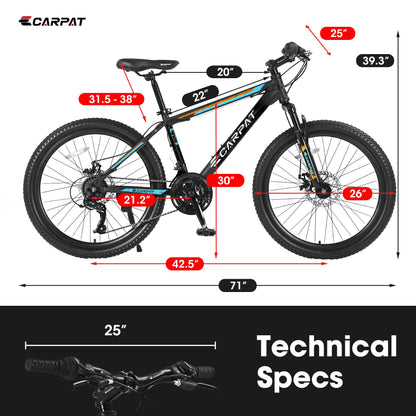 Carmine Juneberry Carpat City-Cruizer 26-inch performance mountain bike in black and blue, showing the bike with mountain terrain background.