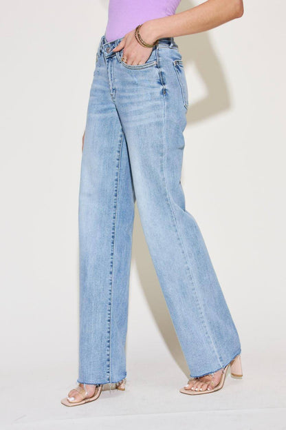 Carmine Juneberry Judy Blue full size straight jeans with V-front waistband, denim fabric, and classic five-pocket design.