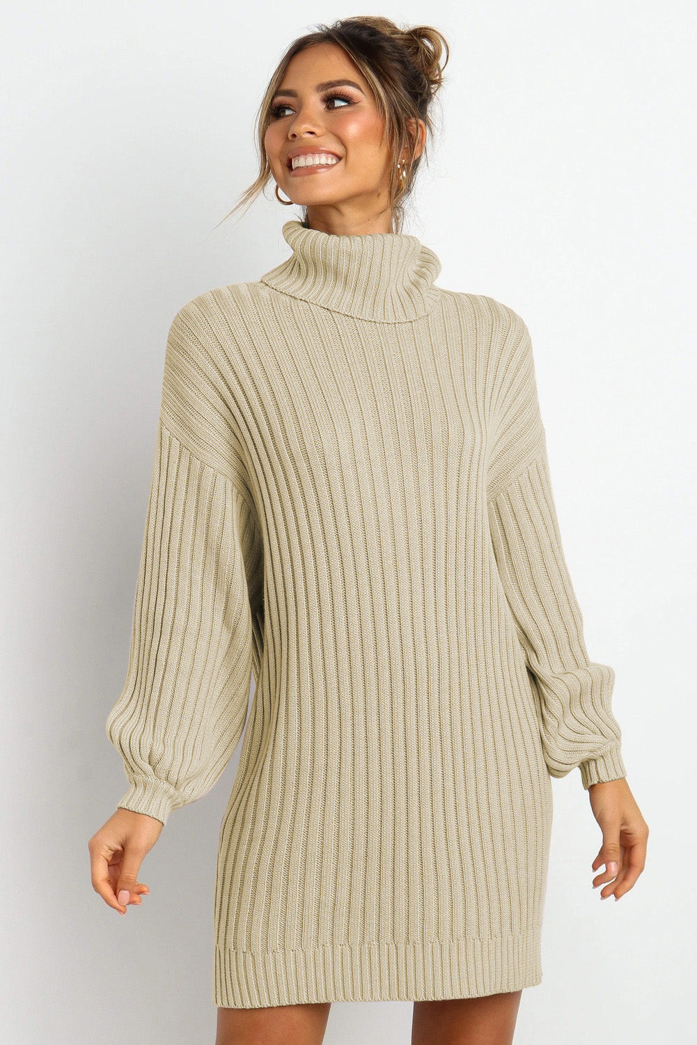 Lavender Pallas apricot turtleneck balloon sleeve sweater dress, women&