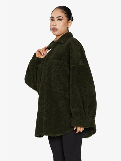 Rose Eleusis oversized patch pocket borg teddy shacket showing plush, cozy fabric with large patch pockets and relaxed fit.