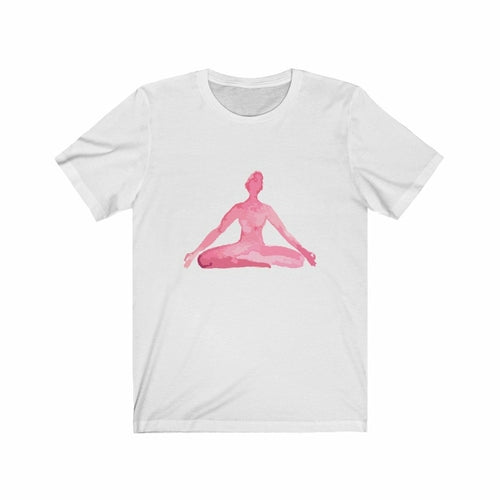 Yellow Pandora yoga meditation pose print T-shirt showing a relaxed figure in a seated meditation pose on soft fabric.