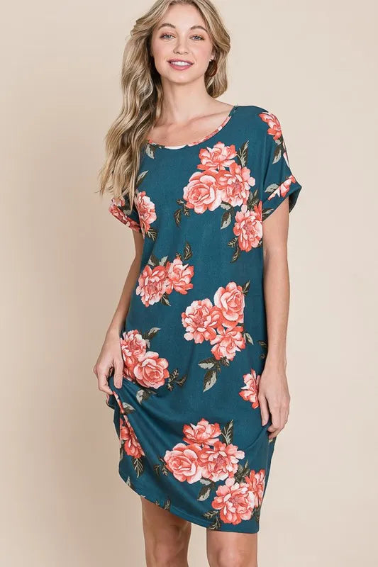 Jade Icarus BOMBOM floral round neck short tee dress with pockets, featuring a colorful floral pattern and casual fit.