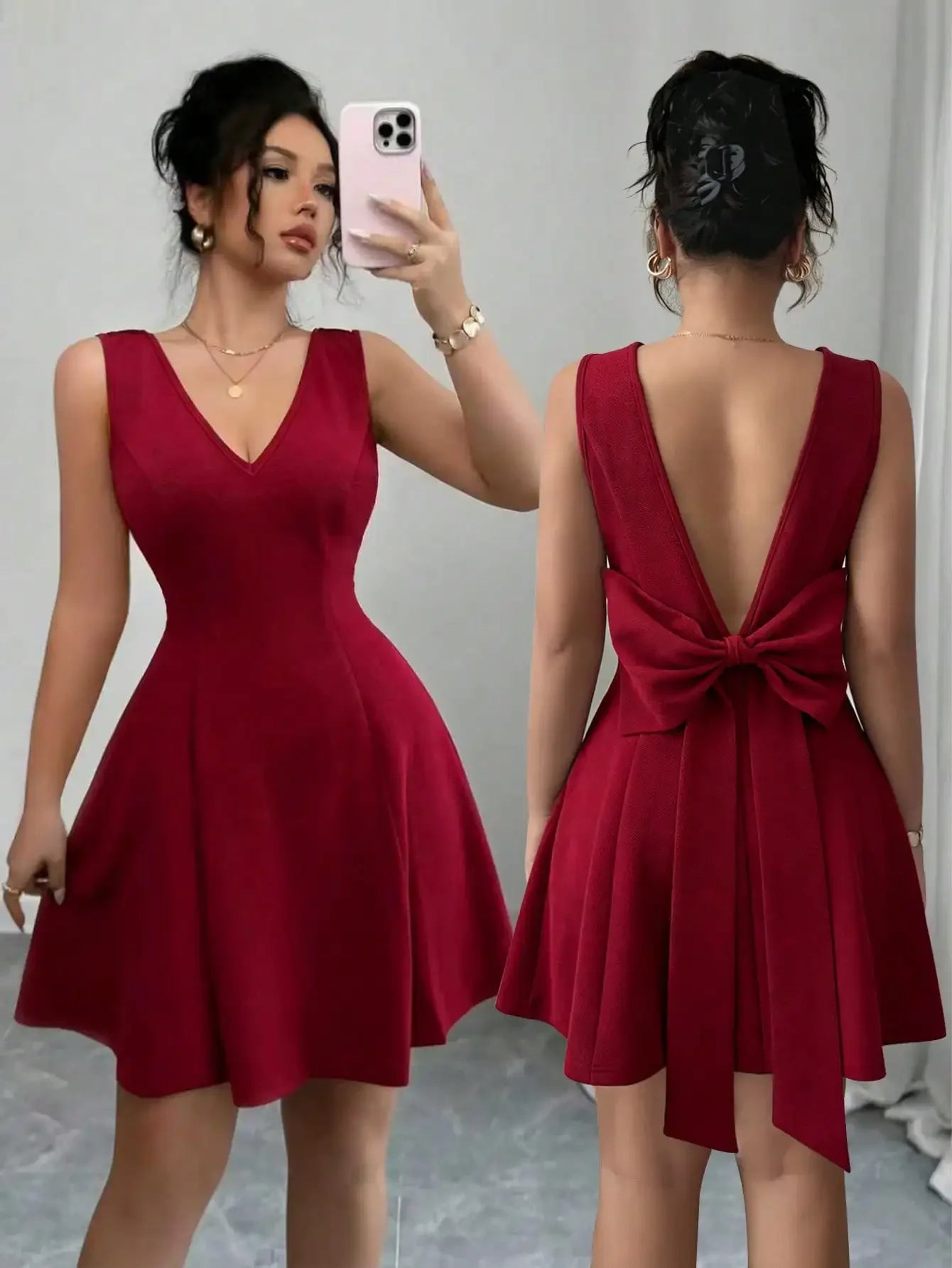 Elegant burgundy V-neck backless fitted dress with bowknot waist by Start2Finish, featuring a luxurious European style.