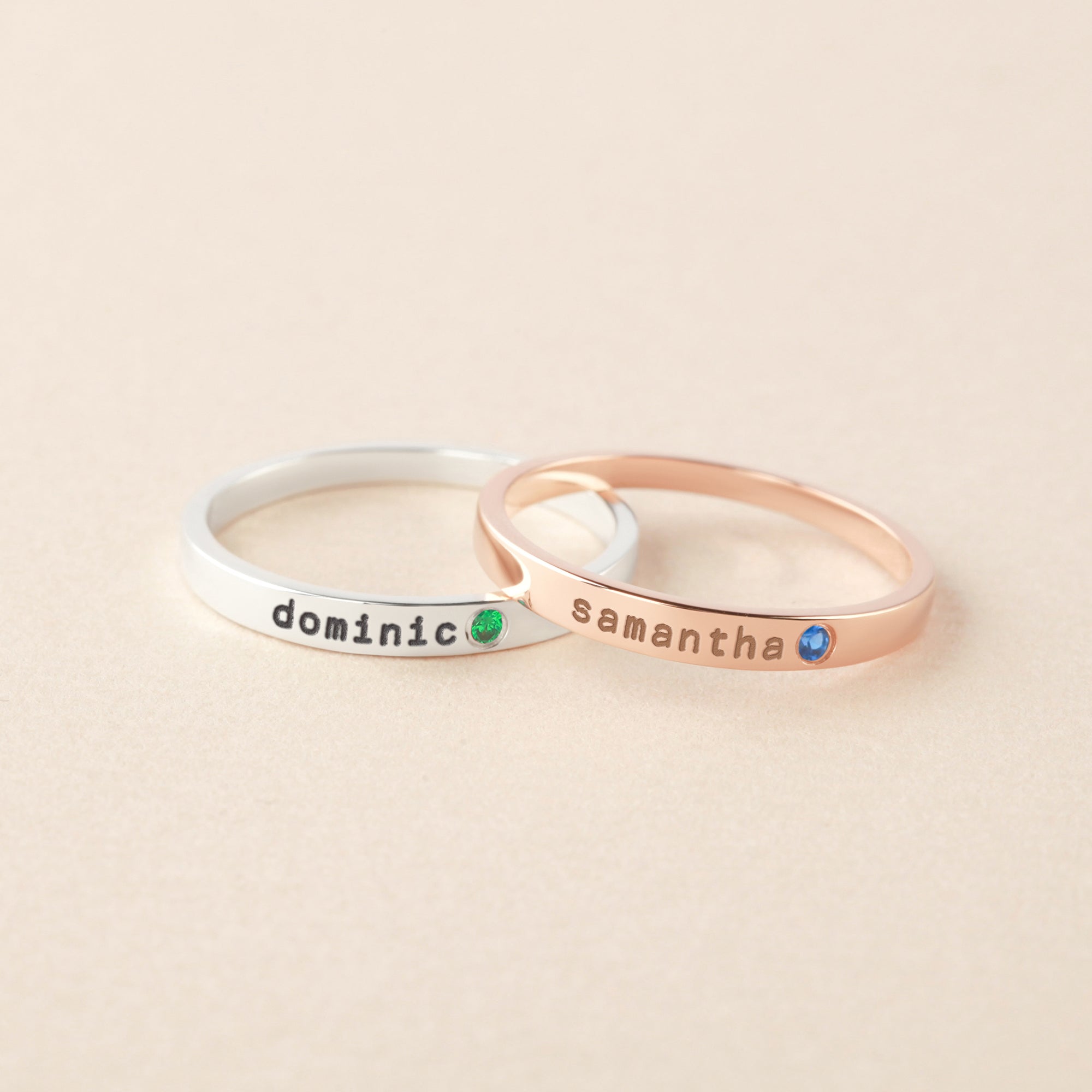 Personalized Green Millie stackable name ring with a sparkling birthstone, suitable for moms and customizable with a name.