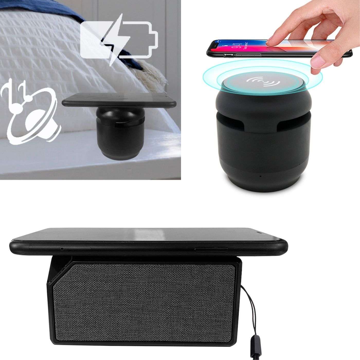 Copper Hecuba Bluetooth speaker with fabric design and wireless charging pad, portable mobile and laptop accessory.