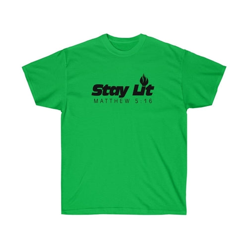 Olive Dionysus Stay Lit Unisex T-shirt featuring Matthew 5:16 scripture verse, casual religious apparel for men and women.