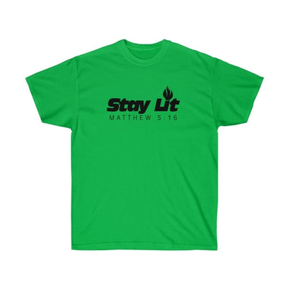 Olive Dionysus Stay Lit Unisex T-shirt featuring Matthew 5:16 scripture verse, casual religious apparel for men and women.