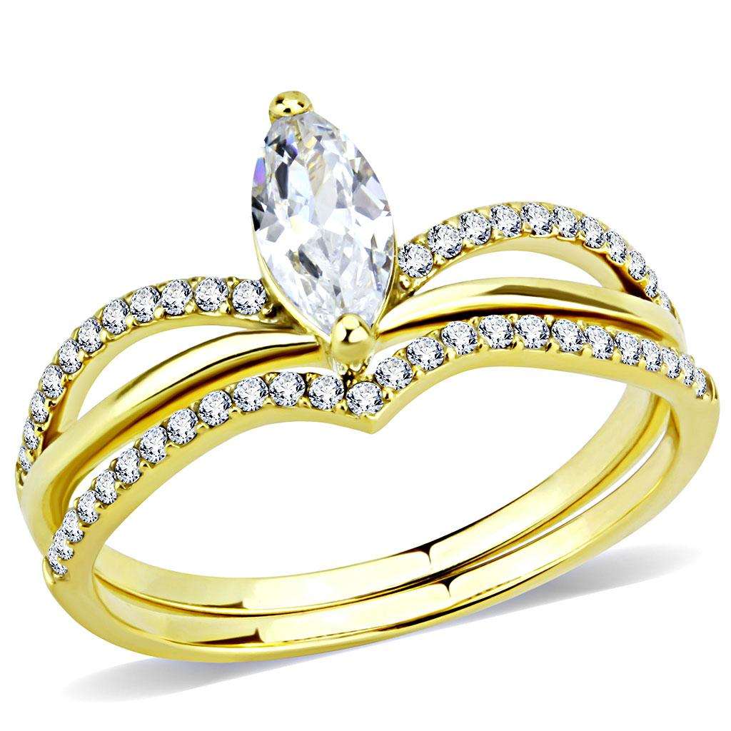 Turquoise Tiger DA276 stainless steel ring with IP gold ion plating and AAA grade cubic zirconia gemstone.