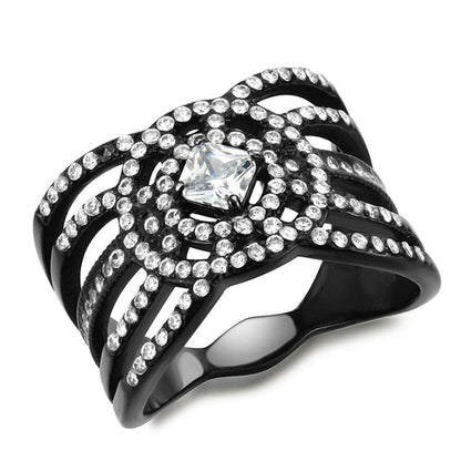 Turquoise Tiger DA363 black ion plated stainless steel ring with AAA grade cubic zirconia, showcasing a sleek jewelry design.