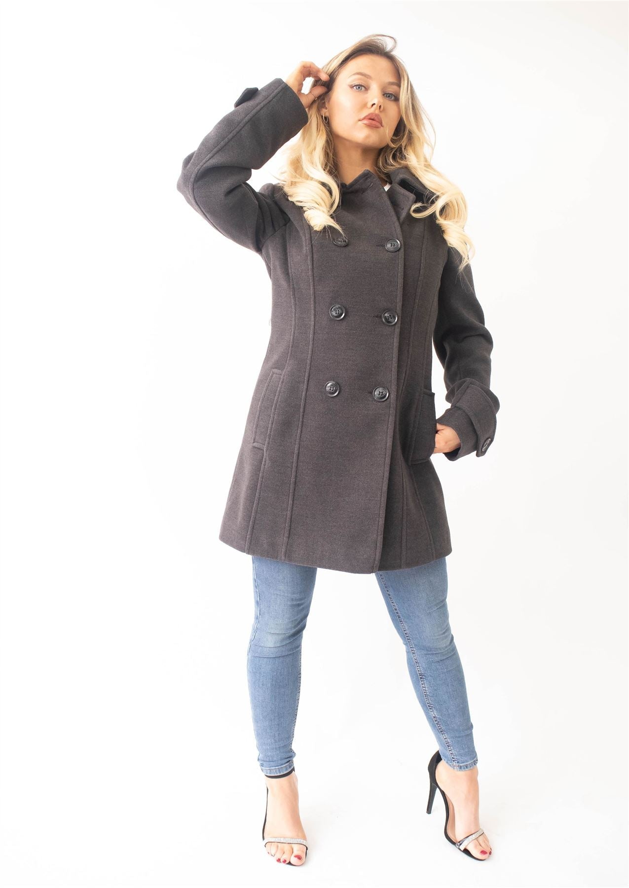 Rose Eleusis wool feel double-breasted hooded coat, stylish jacket with front buttons and hood, perfect for cold weather.
