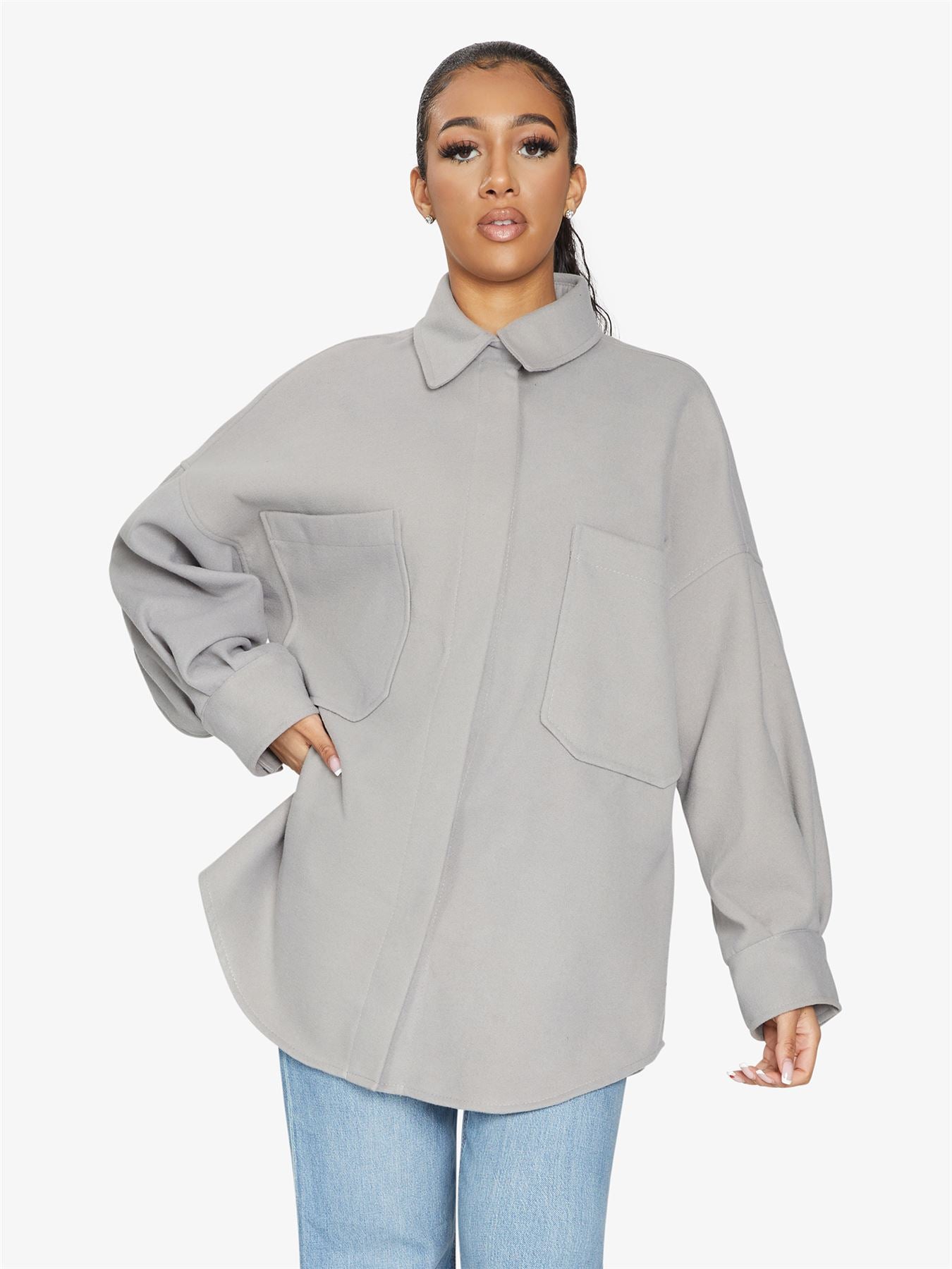 Rose Eleusis oversized patch pocket shacket, a stylish jacket with large front patch pockets and a relaxed fit, perfect for layering.