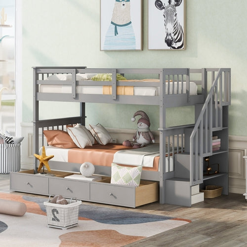Sangria Beech twin-over-twin bunk bed with three built-in storage drawers, featuring a sturdy wooden frame for bedroom or dorm use.