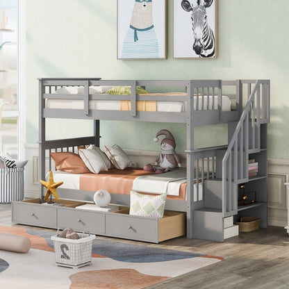 Sangria Beech twin-over-twin bunk bed with three built-in storage drawers, featuring a sturdy wooden frame for bedroom or dorm use.