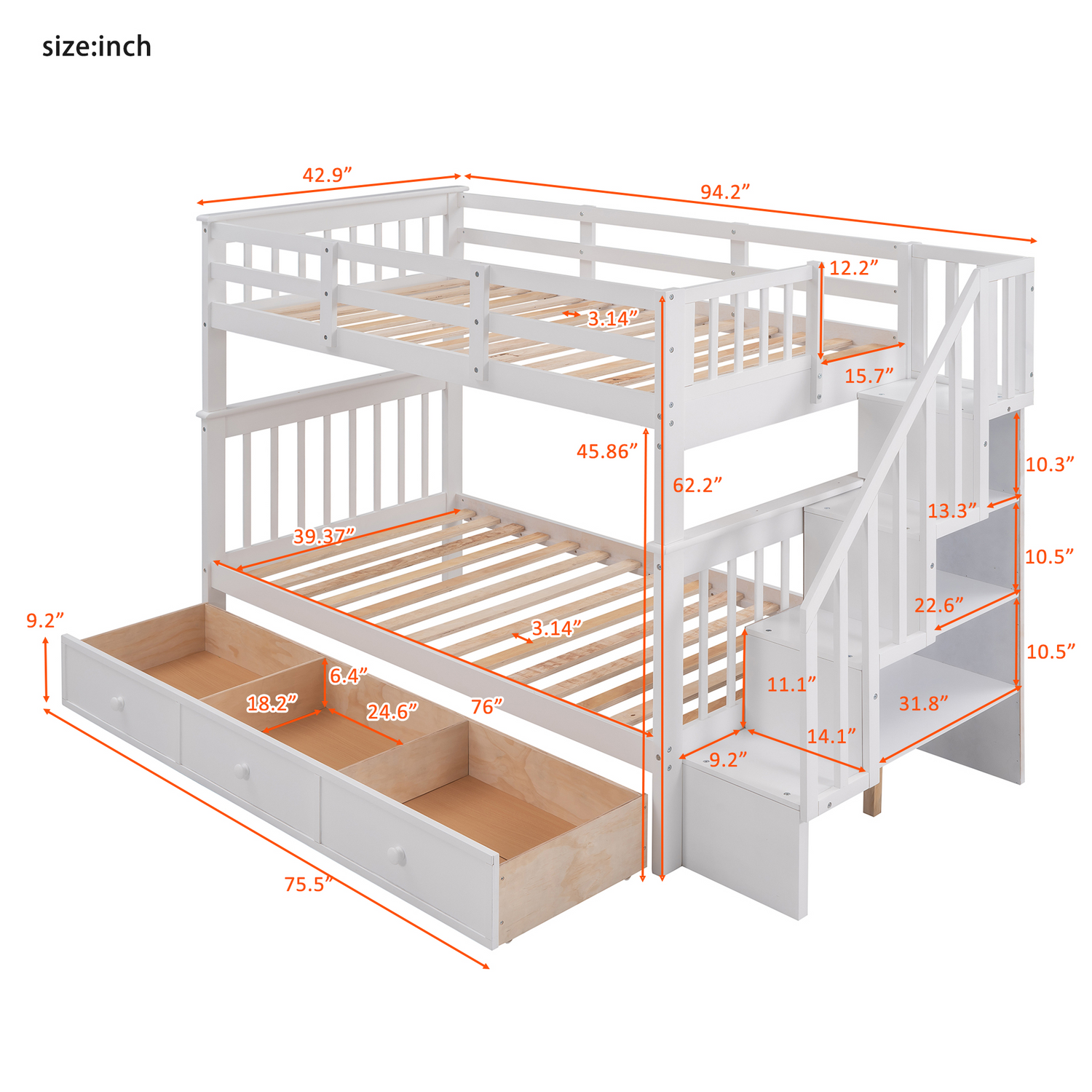 Sangria Beech twin-over-twin bunk bed with three built-in drawers, ideal for bedrooms or dorms, featuring sturdy wood construction.