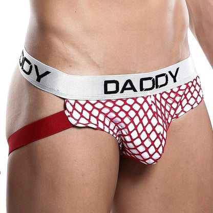 Red and white Daddy DDE023 Jockstrap by Ochre Pandora, showcasing the supportive underwear with elastic waistband and fabric details.
