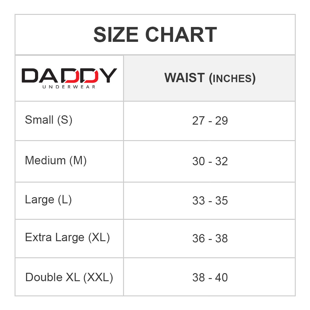 Ochre Pandora Daddy DDE023 jockstrap underwear size chart showing fit and measurements on a white background.