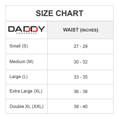 Ochre Pandora Daddy DDE023 jockstrap underwear size chart showing fit and measurements on a white background.