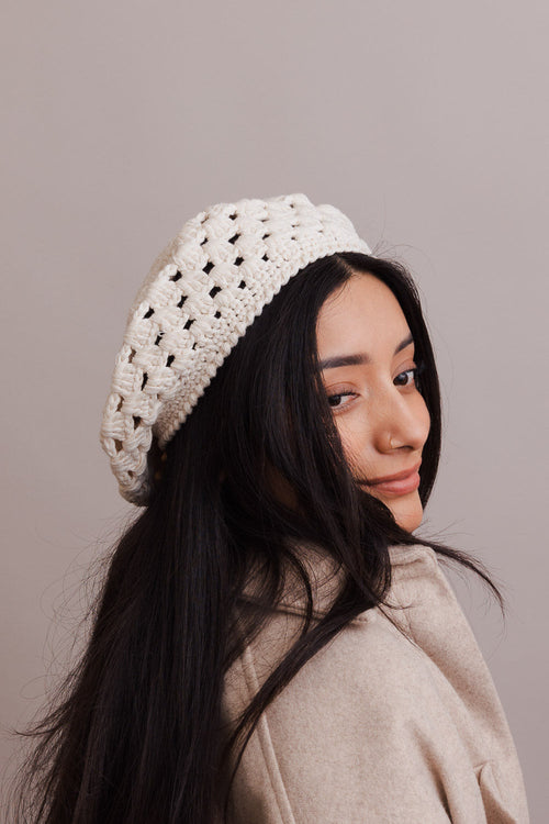 Ivory crochet-knit beret by Start2Finish, featuring a cute, one-size design perfect for stylish apparel accessories.