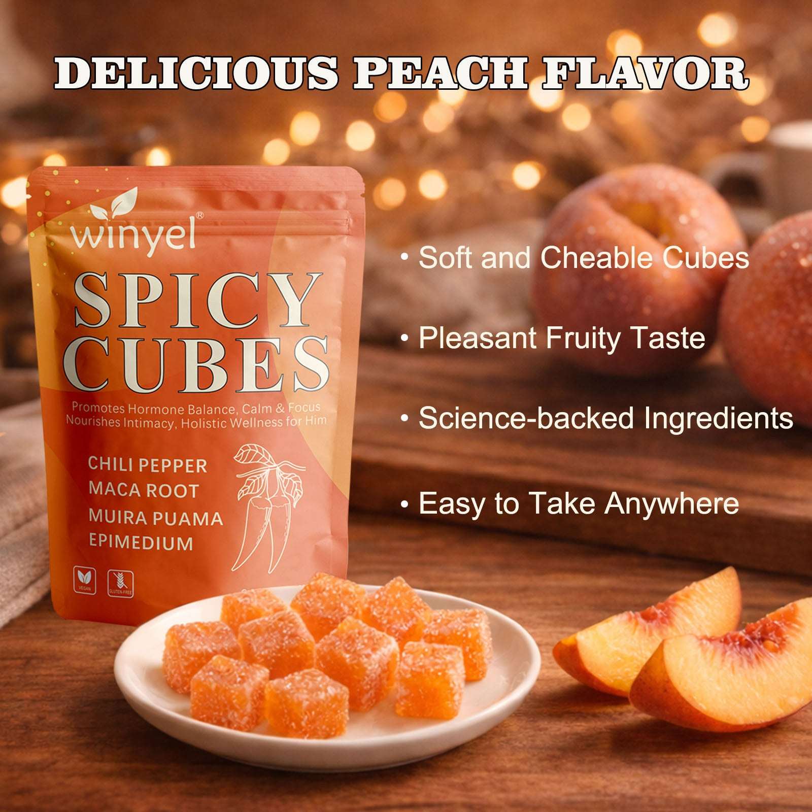 Spicy Cubes Intimacy Gummies from Apricot Hemera featuring chili pepper, Muira Puama, and Maca for enhanced vitality and passion.