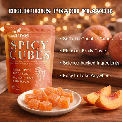 Spicy Cubes Intimacy Gummies from Apricot Hemera featuring chili pepper, Muira Puama, and Maca for enhanced vitality and passion.