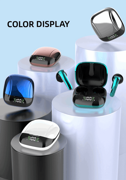 Lilac Milo wireless TWS gaming Bluetooth 5.0 earphones with built-in microphone, shown in black with sleek design and compact charging case.