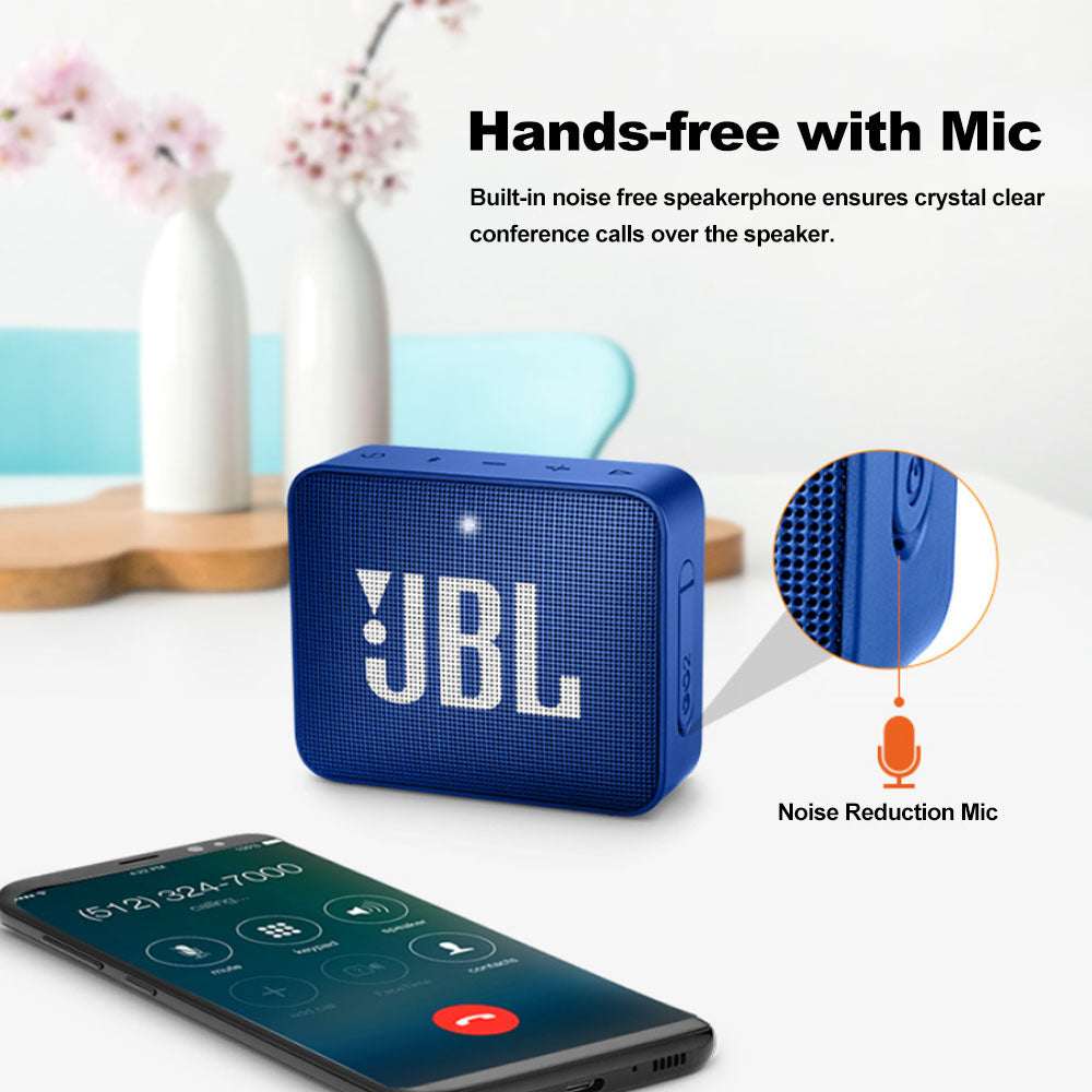Teal Simba JBL GO 2 wireless Bluetooth speaker with waterproof IPX7 rating and built-in microphone, compact portable audio device