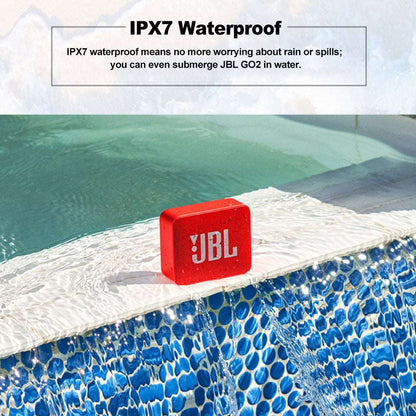 Teal Simba JBL GO 2 wireless Bluetooth speaker with waterproof IPX7 rating and built-in microphone, compact portable audio device