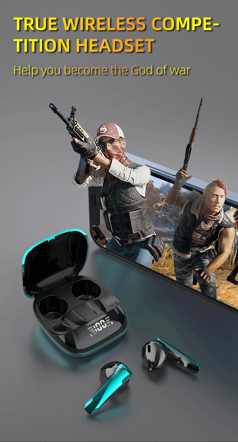 Wireless TWS gaming Bluetooth 5.0 earphones with microphone by Lilac Milo, showing sleek black design and in-ear earbuds.