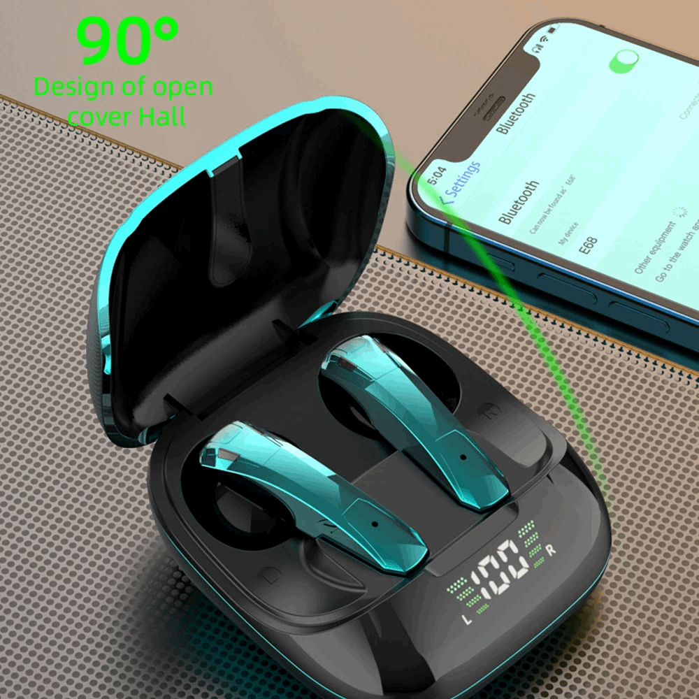 Wireless TWS gaming Bluetooth 5.0 earphones with microphone from Lilac Milo, showing sleek black earphones with inline controls.