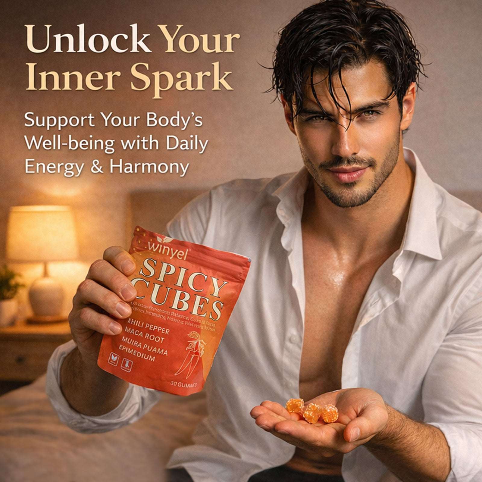 Spicy Cubes Intimacy Gummies with chili pepper, Muira Puama, and Maca by Apricot Hemera, showing the colorful gummy cubes in a jar.