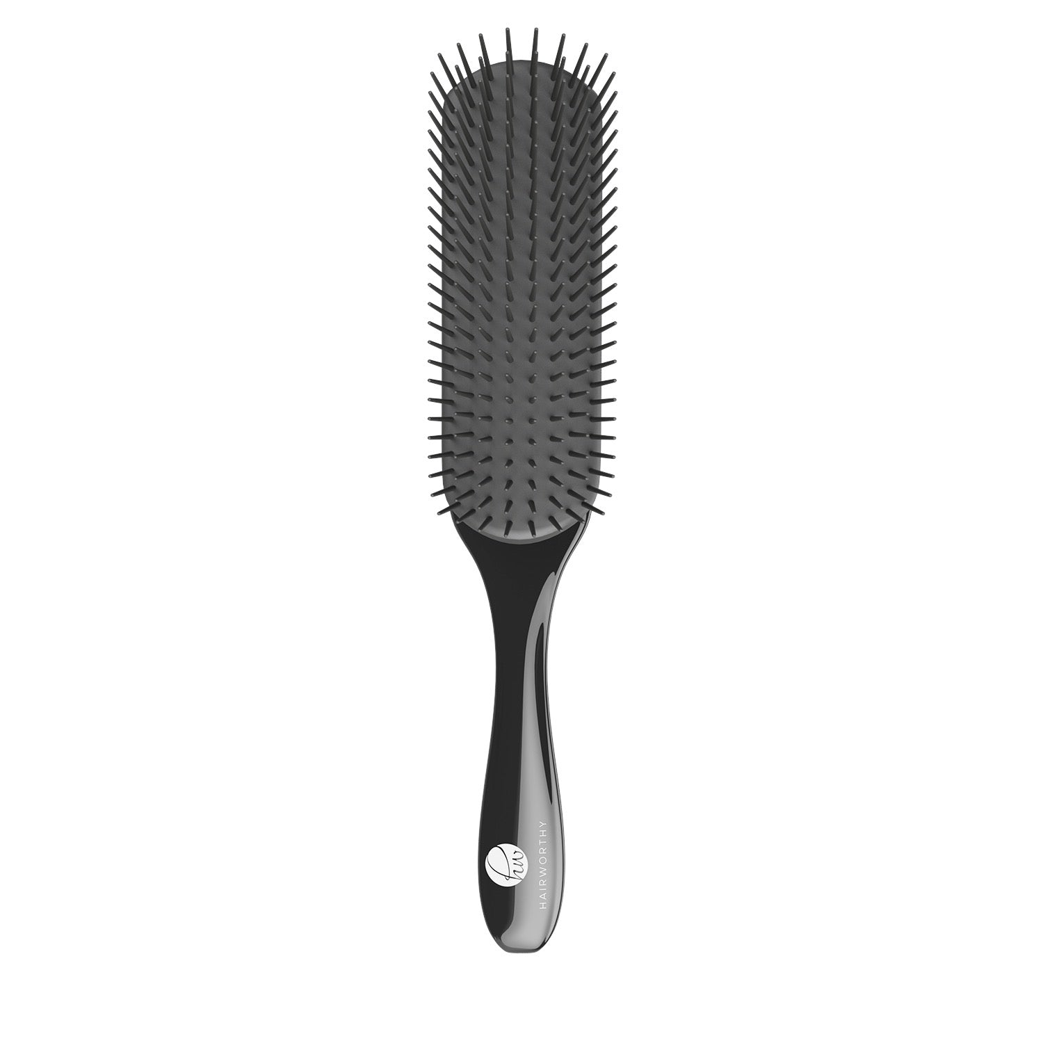 Black Sugarplum Hairworthy Hairembrace styling brush with black bristles and ergonomic handle, perfect for hair styling and grooming.