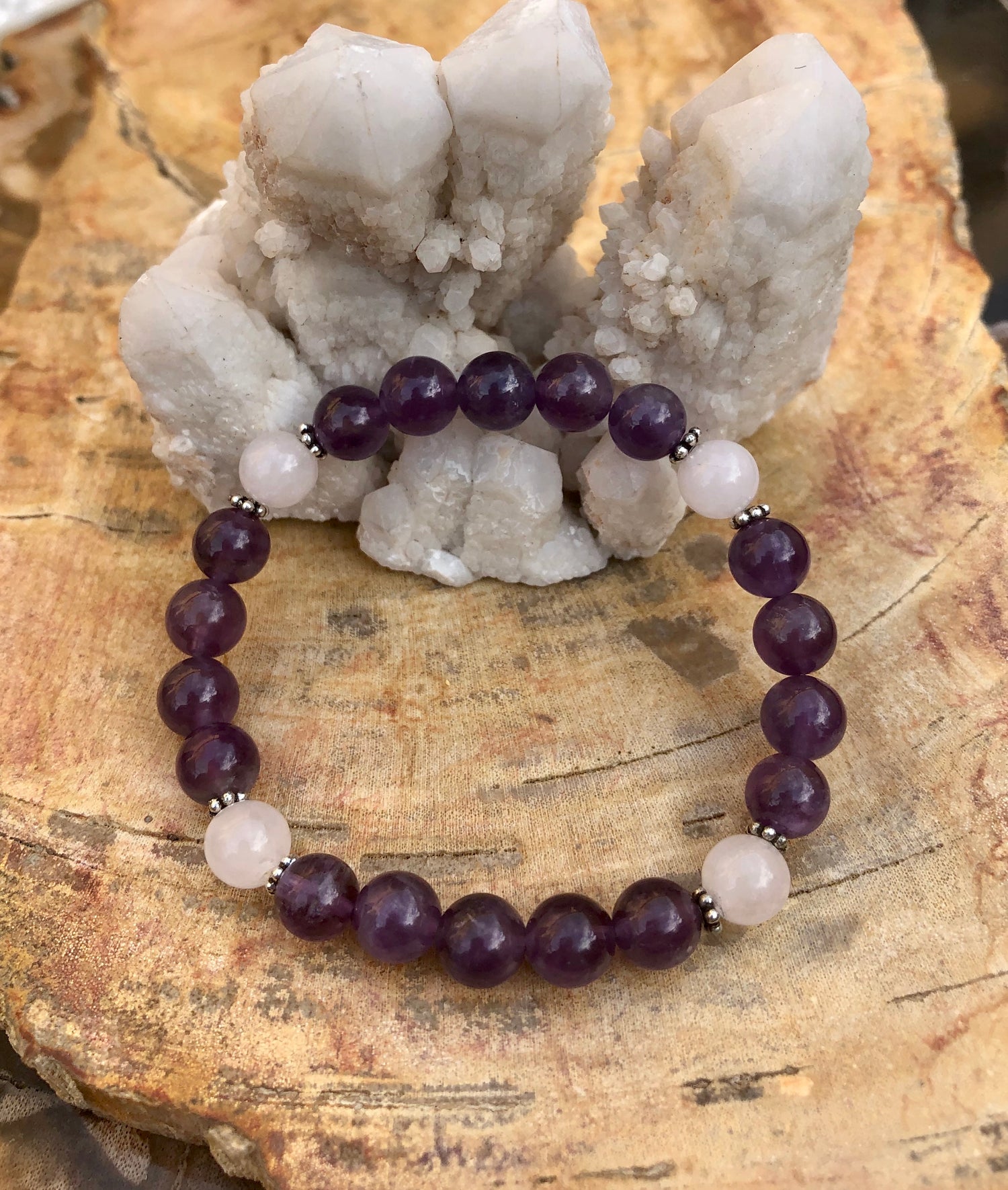 Violet Chaos amethyst and rose quartz stretch bracelet with natural crystal beads on elastic cord, stylish and spiritual jewelry.
