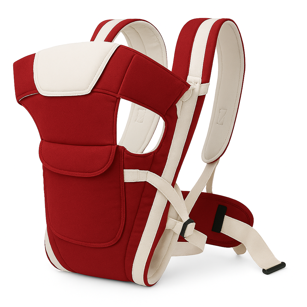 Gray Themis 4-in-1 adjustable baby sitting carrier bag in maroon and white, showing the versatile design and adjustable straps.