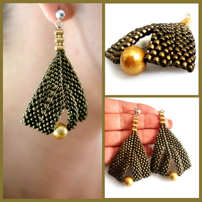 Gold metallic suede and pearl earrings by Maroon Smudge featuring elegant gold and pearl accents in a stylish design.