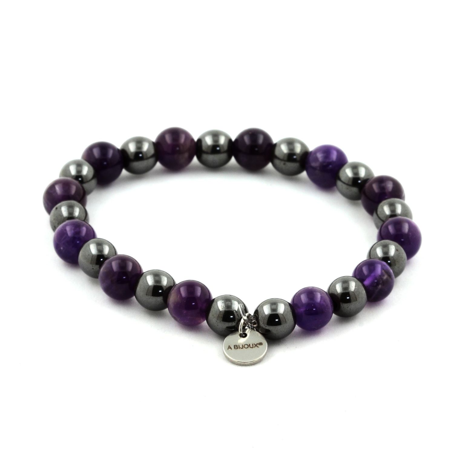Amethyst and hematite beaded bracelet with 8mm round beads from Tan Coconut, featuring purple amethyst and metallic hematite stones.