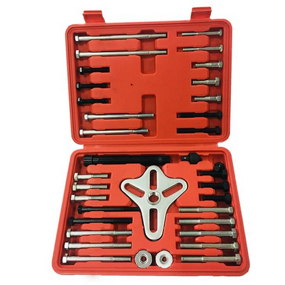 Lilac Milo 46pcs automotive bearing puller set with harmonic balancer and steering wheel removal tools, shown on a workbench.