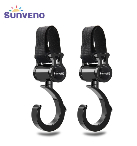 Pair of Maroon Chronos Universal Stroller Hooks attached to a stroller handle for convenient carrying of bags and accessories.