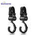 Pair of Maroon Chronos Universal Stroller Hooks attached to a stroller handle for convenient carrying of bags and accessories.