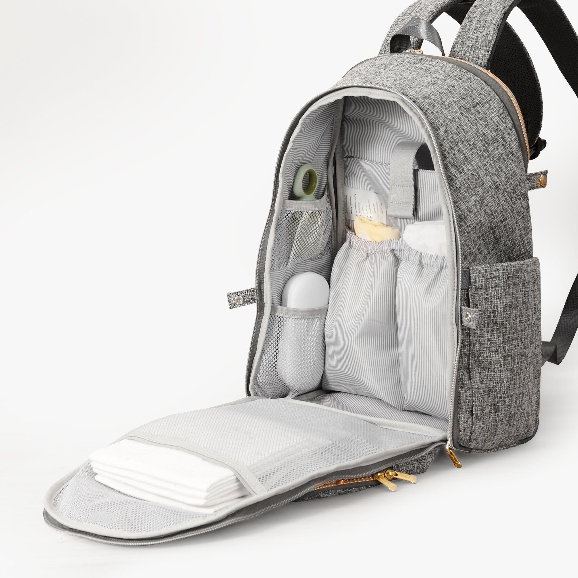 Maroon Chronos foldable diaper backpack with multiple compartments, gray and black design, suitable for parents on the go.