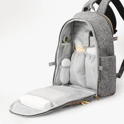 Maroon Chronos foldable diaper backpack with multiple compartments, gray and black design, suitable for parents on the go.