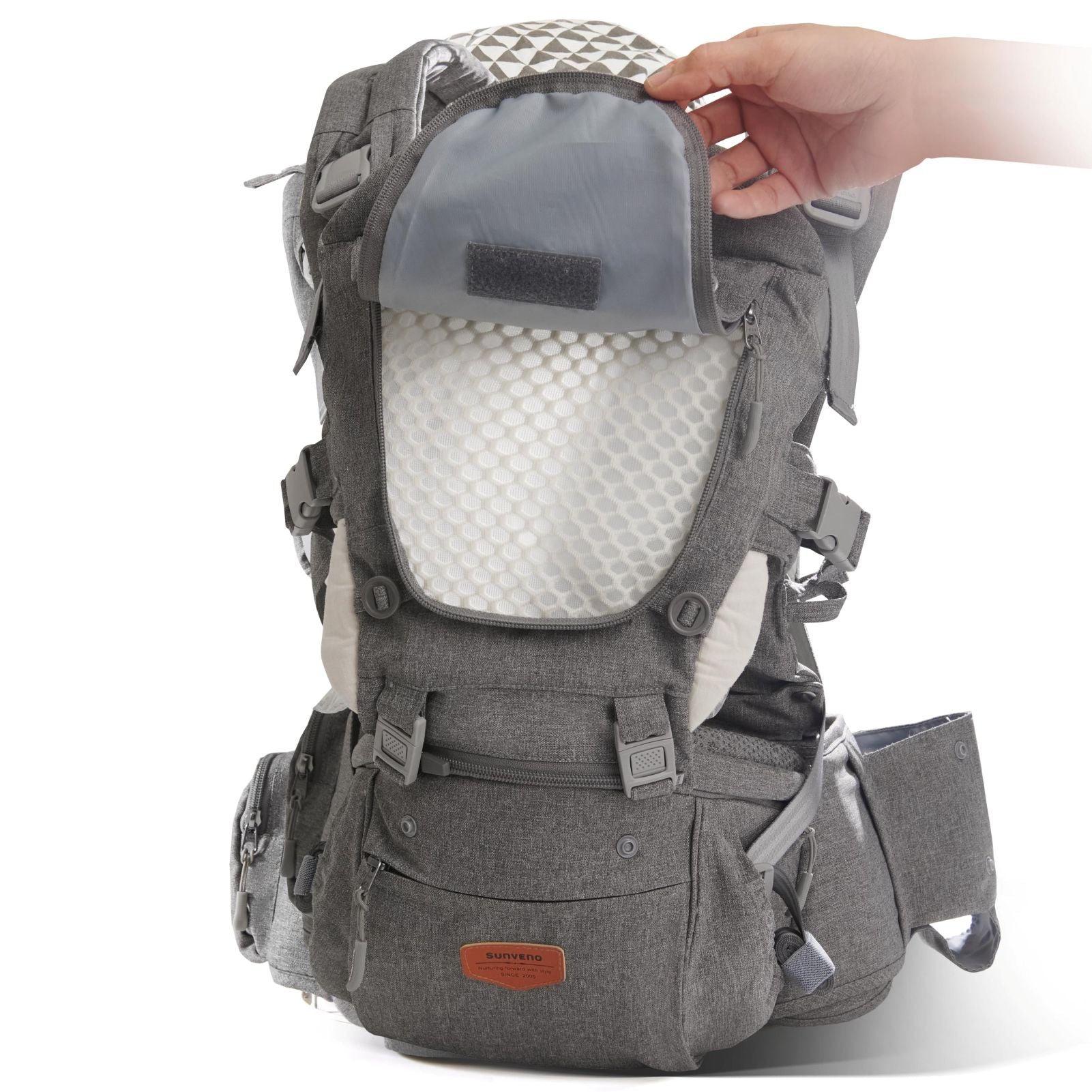 Maroon Chronos ergonomic 3-in-1 baby carrier and hipsat with adjustable straps, supporting comfort for parents and babies.