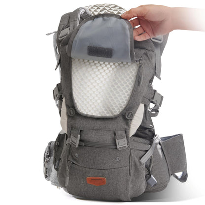 Maroon Chronos ergonomic 3-in-1 baby carrier and hipsat with adjustable straps, supporting comfort for parents and babies.