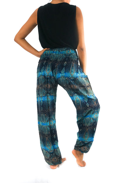 Tan Smokey turquoise paisley harem pants with boho style and relaxed fit, featuring vibrant paisley patterns and a comfortable design.