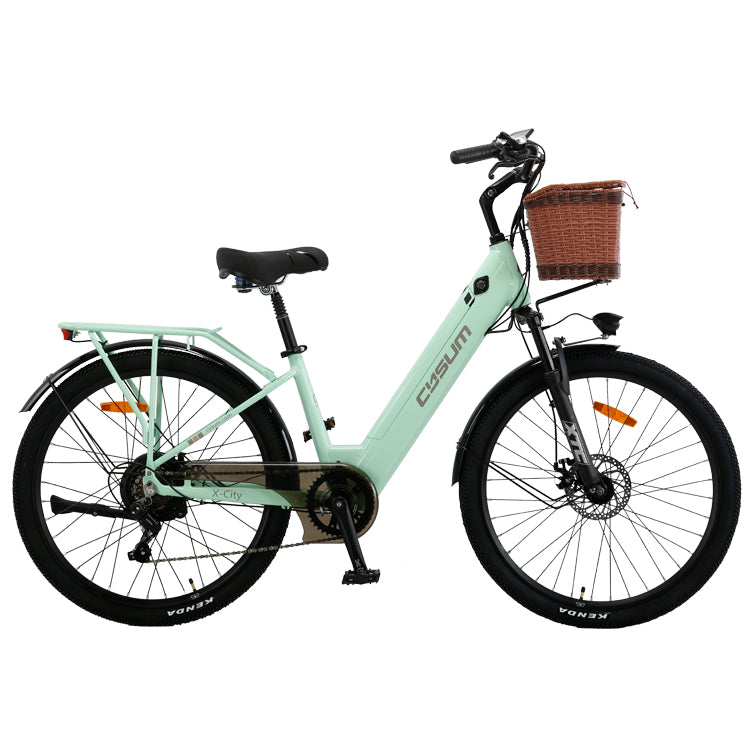 Puce Hades CYSUM X-City women’s 26-inch aluminum e-bike with 250W motor and 10Ah battery, black frame, ready to ride.