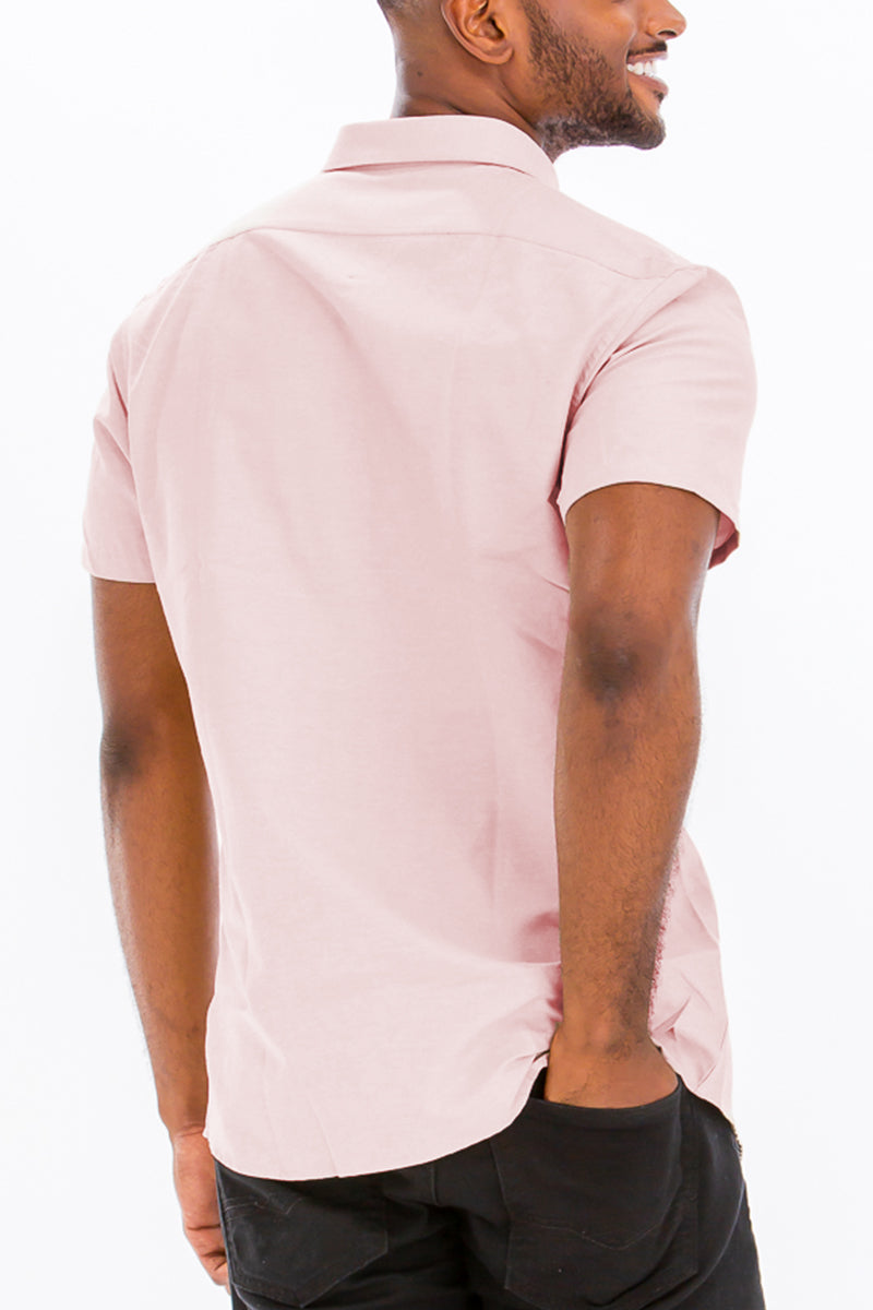 Lime Milo Signature short sleeve button-down dress shirt with a classic collar and patterned fabric, displayed on a hanger.
